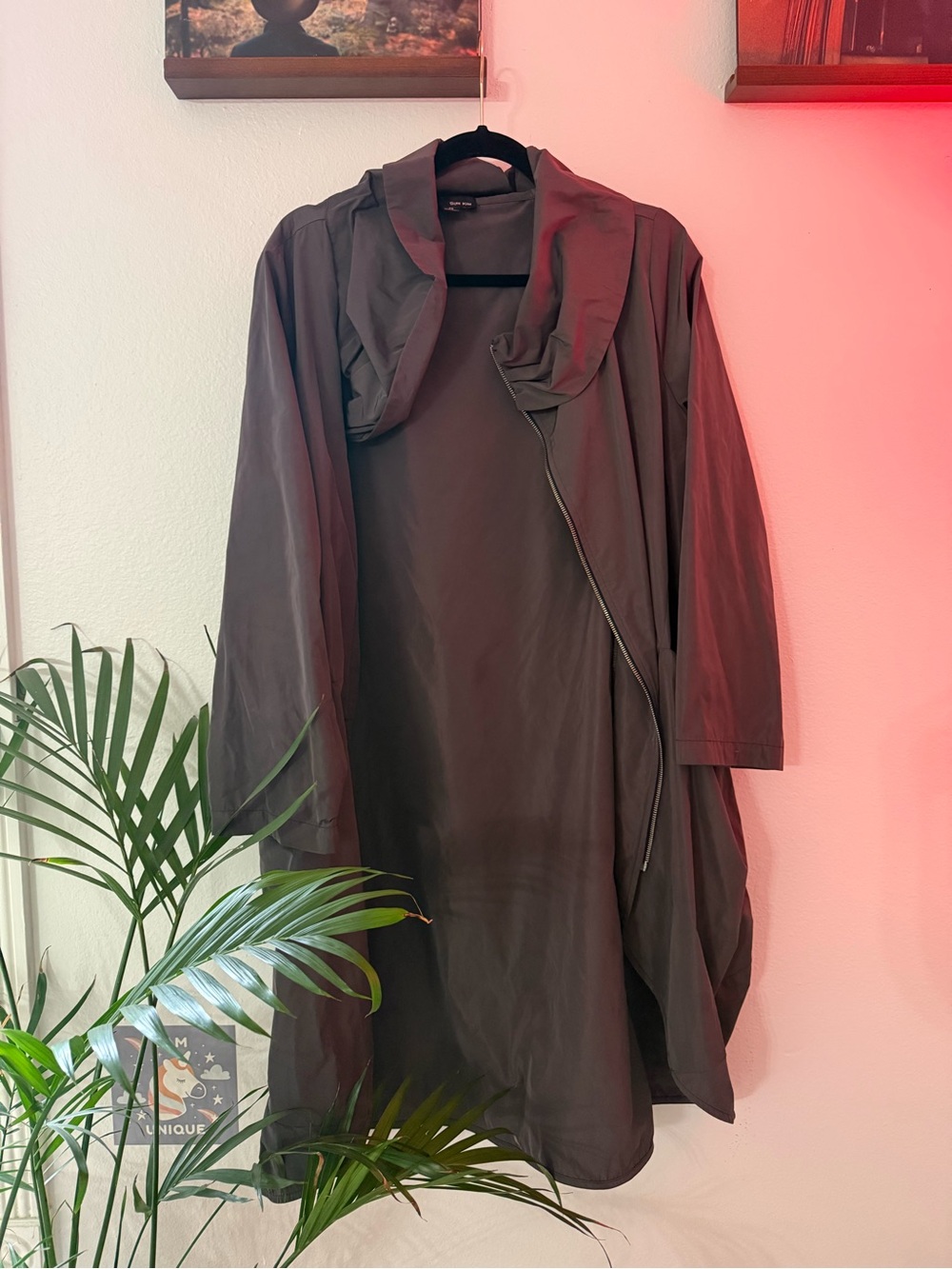Sun Kim Gray Asymmetrical Zip Duster Jacket M Made USA Lagenlook Avant Garde - Picture 2 of 4